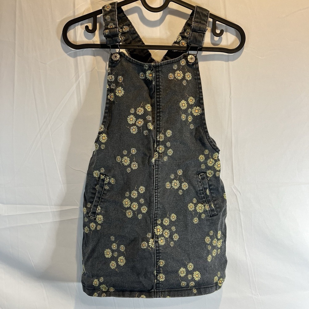 Fabletics Denim Overalls Dress Gray FabKids Girl Size 7 Daisy Flowers Y2K 90s